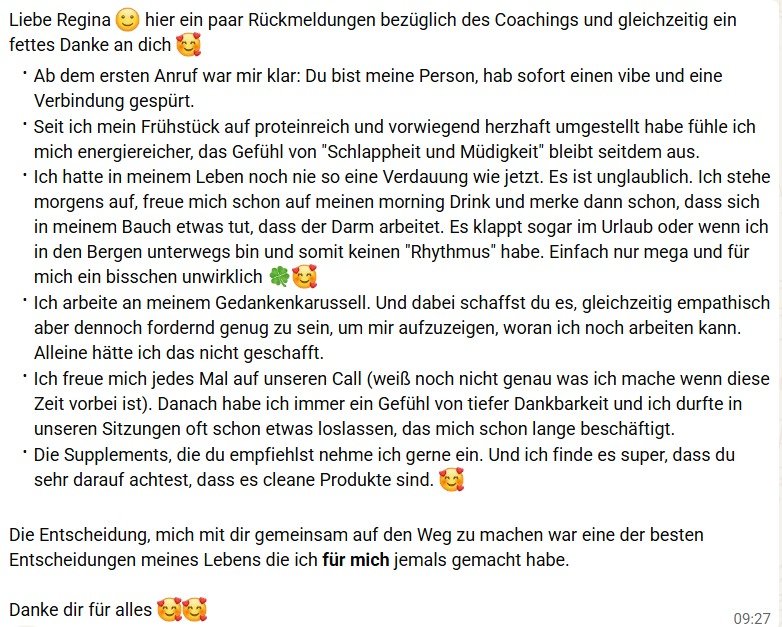 Screenshot einer ausführlichen Rückmeldung zur persönlichen Coaching-Begleitung.