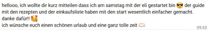 Screenshot einer Kundinnenrückmeldung zum Guide mit Rezepten und Einkaufsliste.