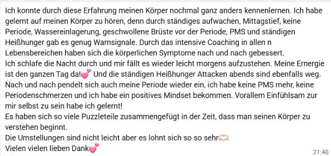 Screenshot einer Kundinnenrückmeldung zu körperlichen Veränderungen während des Coachings.