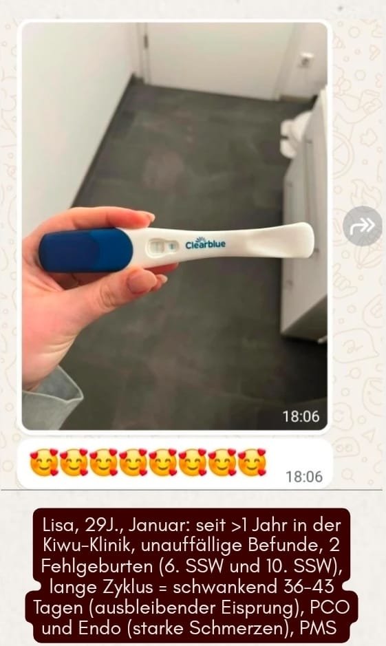 Screenshot einer Kundinnenrückmeldung mit positivem Schwangerschaftstest.