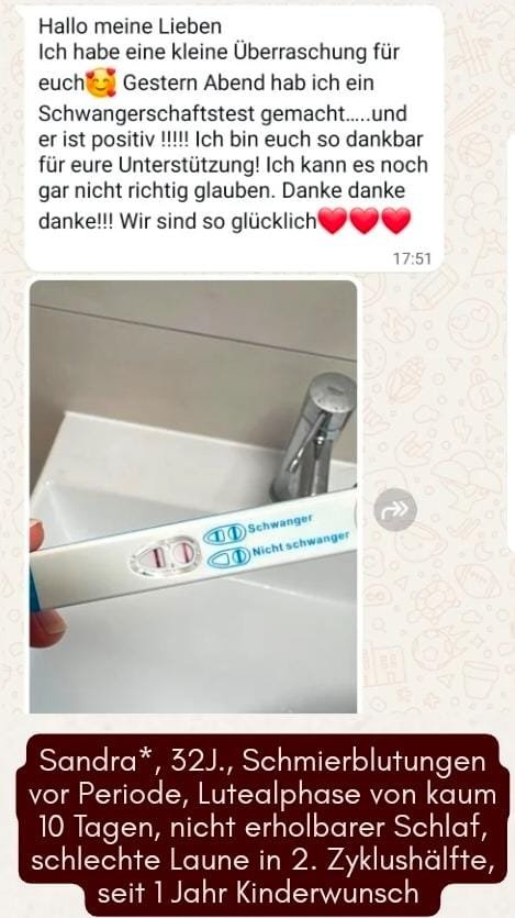 Screenshot einer Kundinnenrückmeldung über einen positiven Schwangerschaftstest.